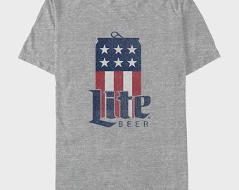 Miller Lite USA Flag Beer Can T-Shirt – Vintage 4th of July Tee | Patriotic Beer Shirt | Retro Lite Beer Graphic Tee for Men & Women