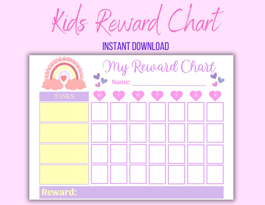 Kids &amp; Toddler Reward Chart Printable, Rainbow, Hearts, Daily Weekly ...