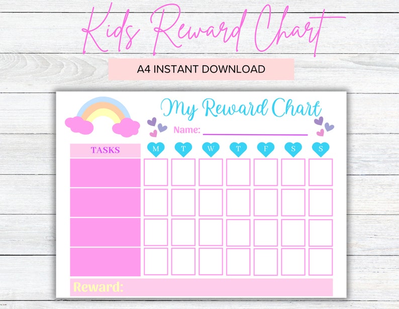 Kids &amp; Toddler Reward Chart Printable, Rainbow, Hearts, Daily Weekly ...