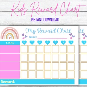 Kids &amp; Toddler Reward Chart Printable, Rainbow, Hearts, Daily Weekly ...