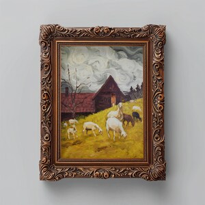 Sheep Meadow (30x40 cm/12x16 inches) - Original Oil Painting, Oil on Canvas, Impressionist Art, Landscape, Cottagecore, Whimsical