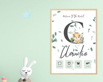 Quadretto nascita personalizzato "welcome to the world" - iniziali, animali e foglie - A3 - A4