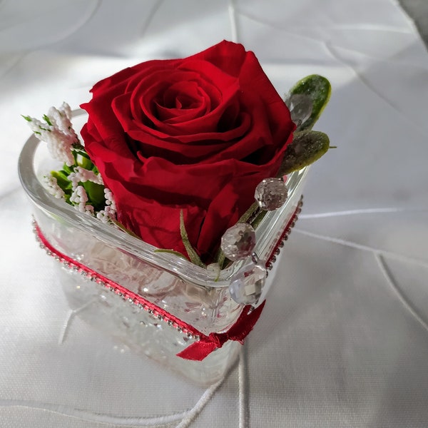 Infinity Rosen-Gesteck im Glas Herz, echte Rose, konservierte Rose,Geschenk zum Muttertag, versandfertig