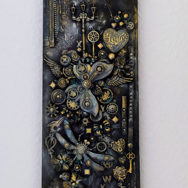 Leinwand Bild Steampunk, Moderne Wand Dekoration,Mixed Media Technik, Schmetterling, Libelle