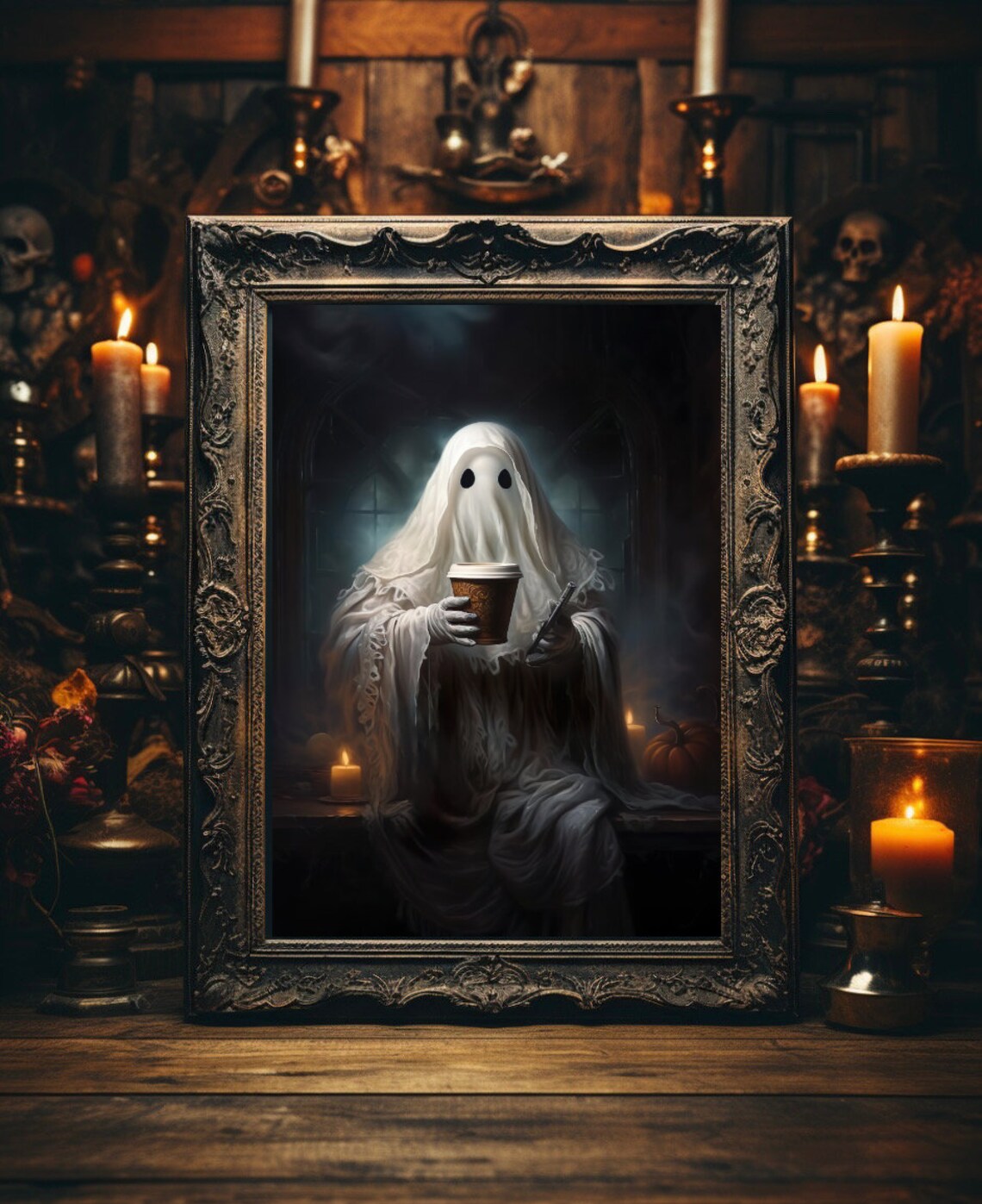 Ghost With Coffee Printable Wall Art Halloween Art Print Etsy