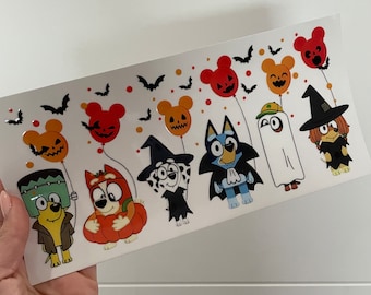 May include: A sheet of Halloween-themed stickers featuring cartoon characters dressed in costumes. The stickers include a Frankenstein, a pumpkin, a Dalmatian witch, a vampire, a ghost, and a witch, with bat and balloon accents.