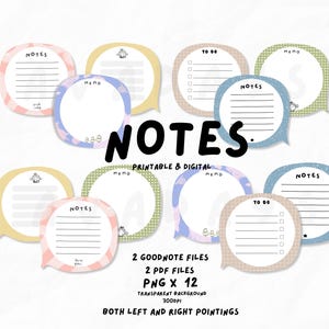 Può includere: Una collezione di modelli di note stampabili digitali in vari colori pastello, tra cui rosa, giallo, blu e verde. Ogni nota ha la forma di un fumetto con linee per scrivere e le parole "NOTES" o "TO DO". L'immagine include anche il testo "PRINTABLE & DIGITAL".