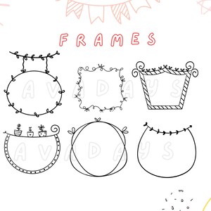 以下が含まれることがあります： 白地に黒インクで手描きされた6つのフレームのコレクション。「FRAMES」の文字は赤色。フレームは円、正方形、台形など様々な形で、それぞれ葉やドットなどのユニークな装飾要素が施されています。