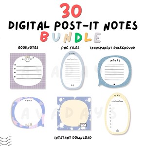 May include: A digital bundle of 30 post-it notes featuring various shapes and patterns including plaid, speckled, and solid designs. The notes include lined and blank spaces with text labels like NOTES, MEMO, and TODO, provided as PNG files.