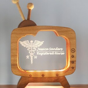 Personalized Retro TV Lamp: Beech Wood Nurse Gift