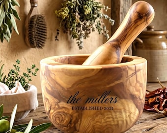 Personalized Olive Wood Mortar and Pestle, Engraved Spice Grinder, Rustic Herb Crusher