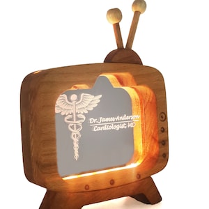 Personalized Doctor Gift: Retro TV Beech Wood Name Plate Table Lamp