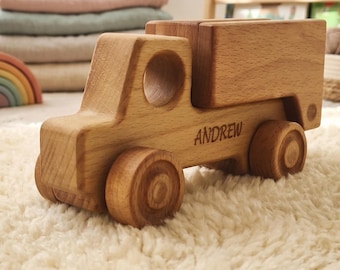 Personalized Wooden Dump Truck, Engraved Name Kids Toy, Montessori Toddler Gift, Ring Bearer keepsake