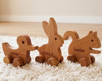 Personalized Wooden Animal Push Toys, Rolling Squirrel, Rabbit, Duck, Montessori Waldorf Toddler Gift
