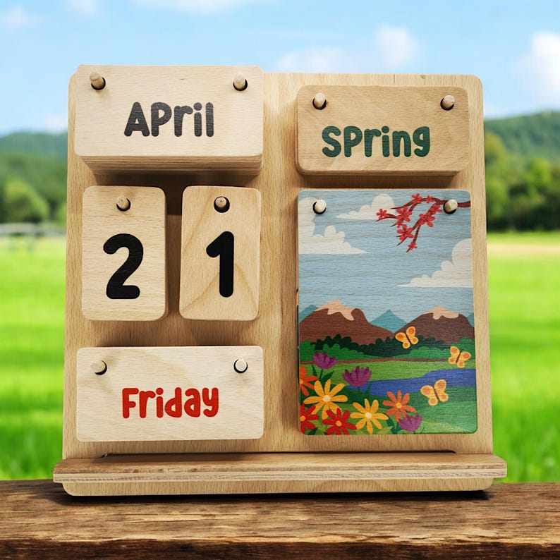 Personlig Montessori-kalender i trä, läromedel för barn bild 6