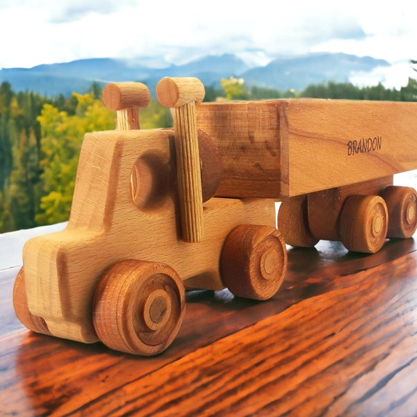 Gepersonaliseerde houten speelgoedaanhangwagen, peuter speelgoedoplegger met aanhangwagen, aangepaste houten vrachtwagen, verjaardagscadeau voor kinderen, uniek cadeau voor jongen