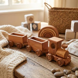 May include: A wooden toy train with two cars and an engine, featuring the name "Brian" engraved on the side. The train is made of light brown wood and sits on a wooden surface, alongside other wooden toys.