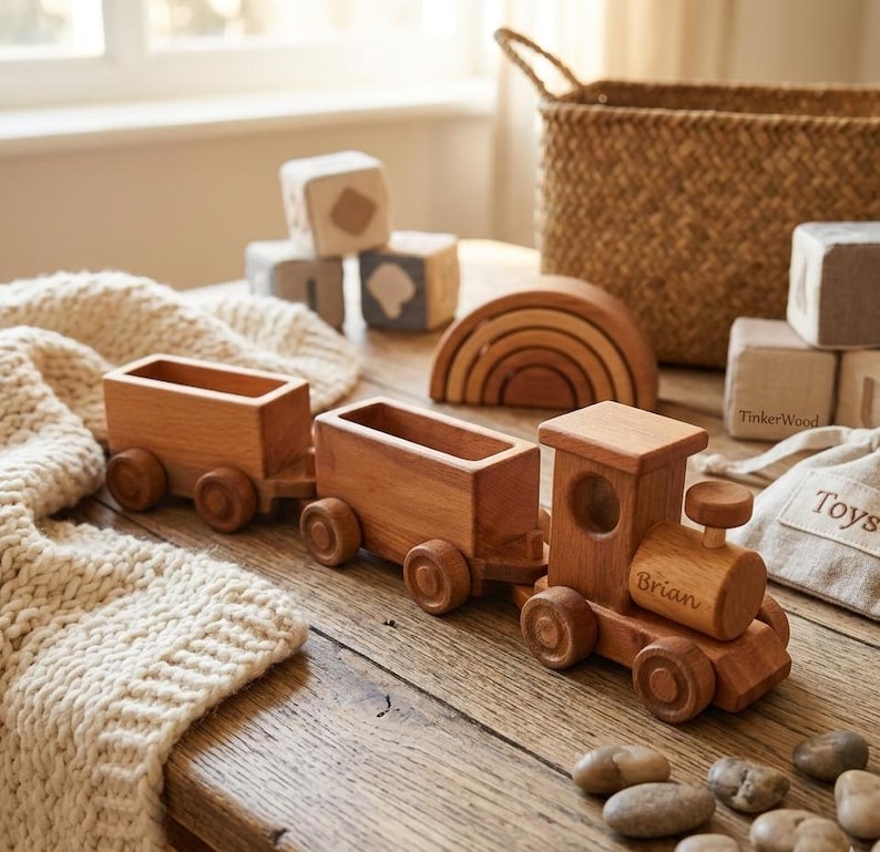 May include: A wooden toy train with two cars and an engine, featuring the name "Brian" engraved on the side. The train is made of light brown wood and sits on a wooden surface, alongside other wooden toys.