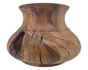 One of a Kind Hand Turned Olive Wood Vase – Organic Sculptural Wooden Vessel – Natural Wood Home Decor