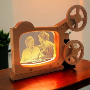 Personalized Photo Lamp: Vintage Movie Camera Wooden LED Night Light