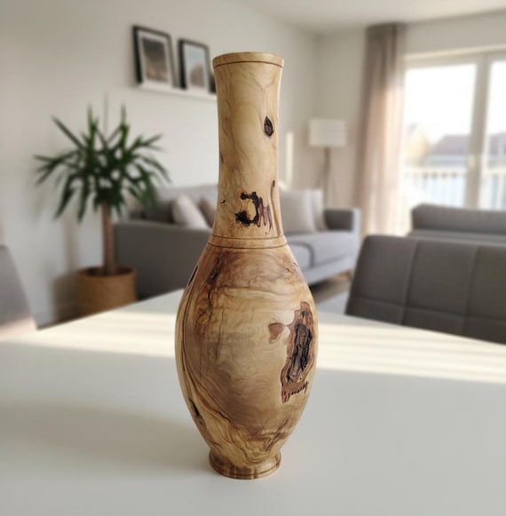 Einzigartige hohe Vase aus Olivenholz, handgedreht aus einem mehr als 200 Jahre alten Olivenbaum, skulpturales Wohndekor aus Holz, natürliche Kunstvase
