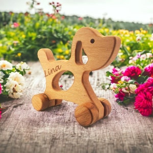 Personalizable Puppy Dog Wooden Rolling Toy as Christmas Gift for Kids, Customizable Wooden Toy Dog  with Wheels as Birthday Gift for Babies