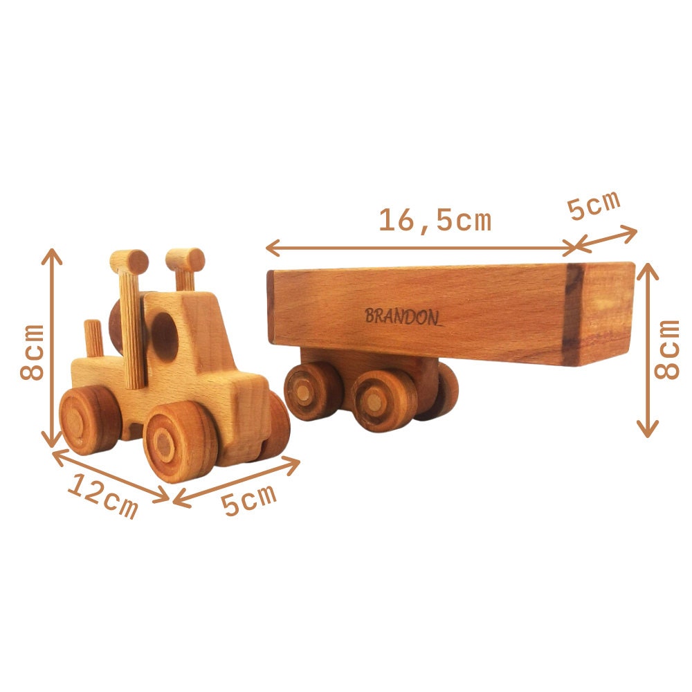 Personalized Wooden Toy Trailer Truck, Toddler Toy Semi Truck With