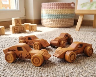 Personalized Wooden Sports Cars – Natural Beech Wood Racing Set, Montessori Toy