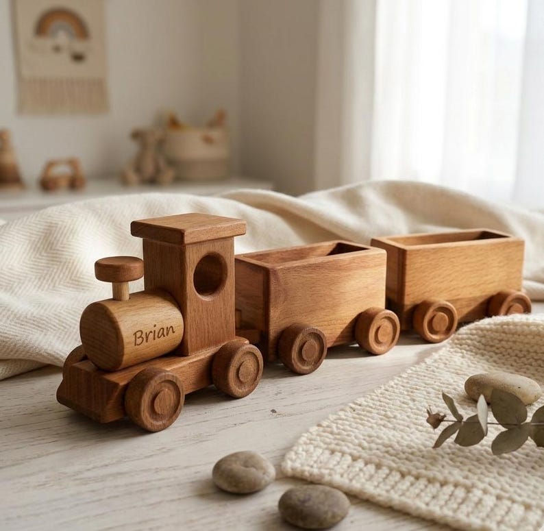 May include: A wooden toy train set with three cars. The engine has a circular smokestack and the name "Brian" engraved on the side. The train is made of light brown wood and has circular wheels.