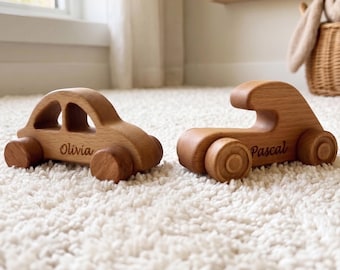 Personalized Wooden Toy Cars – Handmade Beech Wood Push Toys, Montessori Toddler Gift
