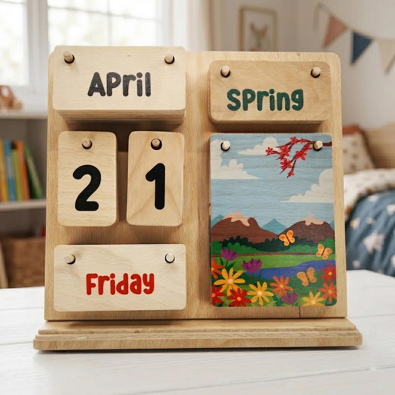 Personlig Montessori-kalender i trä, läromedel för barn bild 1