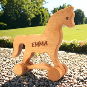 Personalized Beech Wood Push Horse Toy: Waldorf Wheeled Animal Gift
