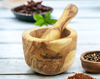 Personalized Handcrafted Olive Wood Mortar and Pestle Set, Crusher and Herb Spice Grinder Housewarming Gift, Rustic Farmhouse Kitchen Decor