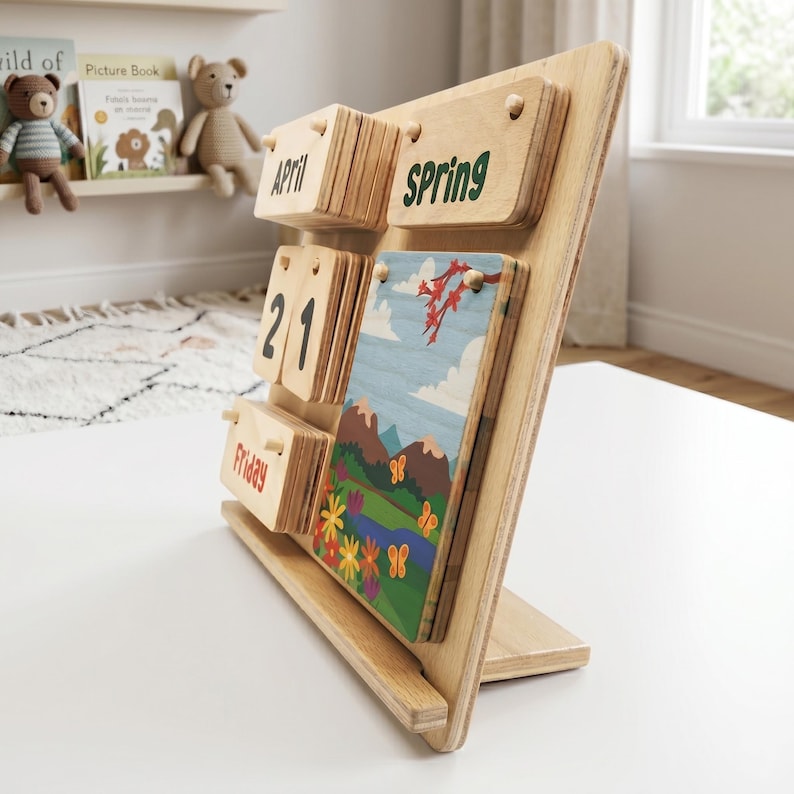 Personlig Montessori-kalender i trä, läromedel för barn bild 4