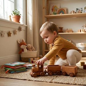 May include: A wooden toy train with three cars is being played with by a child. The train is made of light brown wood and has the name "Brian" engraved on the front. The child is wearing a mustard-colored long-sleeve shirt and cream-colored pants.