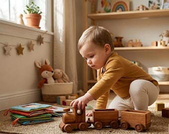 Personalized Wooden Train Set – Natural Beech Wood Montessori Toy, Eco-Friendly Toddler Gift