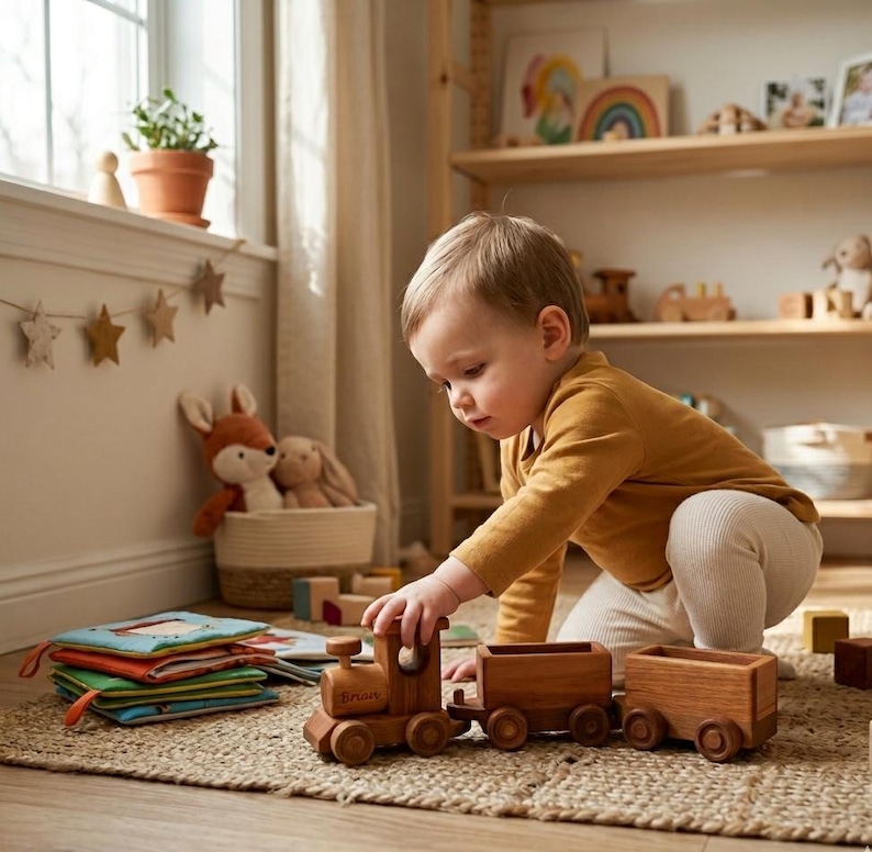 May include: A wooden toy train with three cars is being played with by a child. The train is made of light brown wood and has the name "Brian" engraved on the front. The child is wearing a mustard-colored long-sleeve shirt and cream-colored pants.