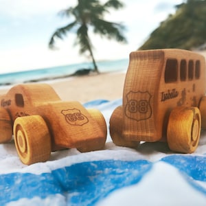 Personalized Wooden Toy Car Set: Handmade Beechwood Car & Bus