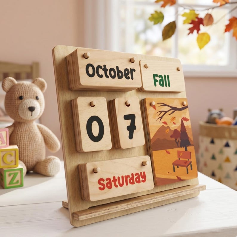 Personlig Montessori-kalender i trä, läromedel för barn bild 2