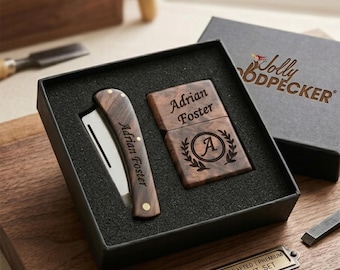 Personalized Walnut Wood Lighter & Pocket Knife Set, Custom Engraved Gift for Men, Anniversary Gift for Him, Gift for Dad, Gift for Husband