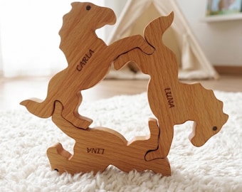 Personalized Wooden Horse Trio, Waldorf Toddler Toy, Montessori Play, Handmade Animal Set