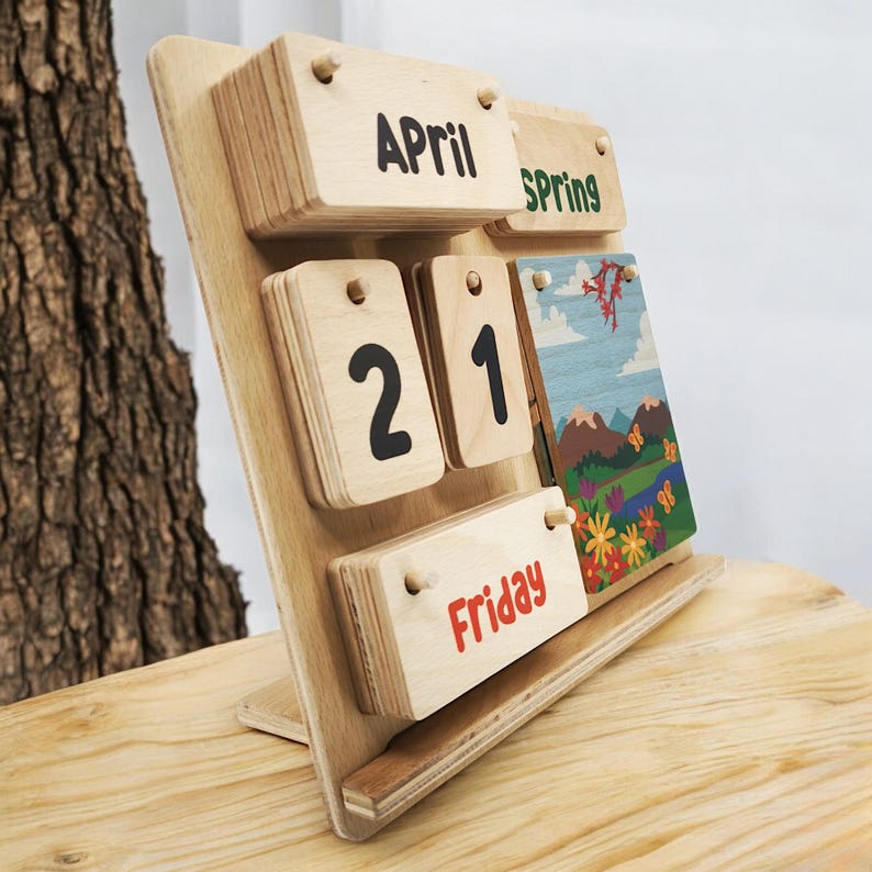 Personlig Montessori-kalender i trä, läromedel för barn bild 11