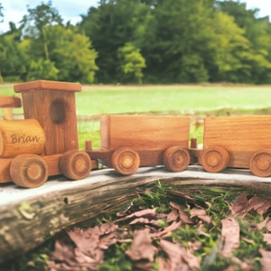May include: A wooden toy train with the name "Brian" engraved on the side. The train is made of light brown wood and has a locomotive and two cars. The train is sitting on a wooden surface with a blurred green background.
