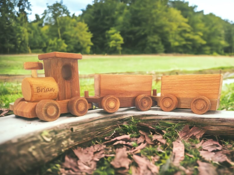 May include: A wooden toy train with the name "Brian" engraved on the side. The train is made of light brown wood and has a locomotive and two cars. The train is sitting on a wooden surface with a blurred green background.