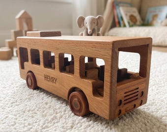 Personalized Wooden Toy Bus, Montessori Beech Wood Car, Natural Waldorf Gift