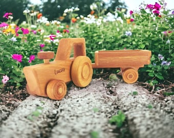 Personalized Toy Tractor Farm Vehicle Set Birthday Gift For KidsToddler Push Toy, Customizable Handmade Wooden Tractor Christmas Gift