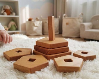 Gioco impilabile in legno personalizzato, stile Montessori per bambini, impilabile in legno di faggio naturale, regalo ecologico per bambini piccoli