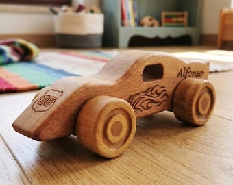 Personalized Wooden Toy Car, Custom Name Engraved, Natural Beech Wood, Montessori Waldorf Toy