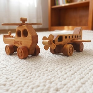Personligt träflygplans-helikopterleksaksset, Montessori Waldorf naturligt bokträ, present till småbarn