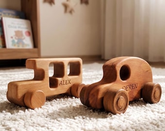 Personalized Wooden Toy Cars, Natural Beech Wood Montessori Push Toy Set